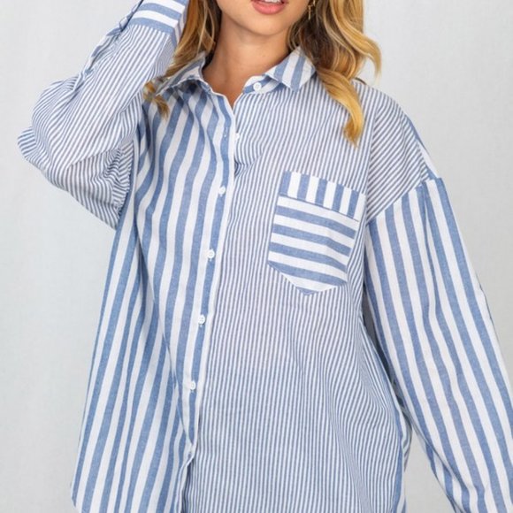 new WHITE BIRCH WOVEN BUTTON DOWN SHIRT BLOUSE western boho stripe blue SM-4X - Picture 5 of 8